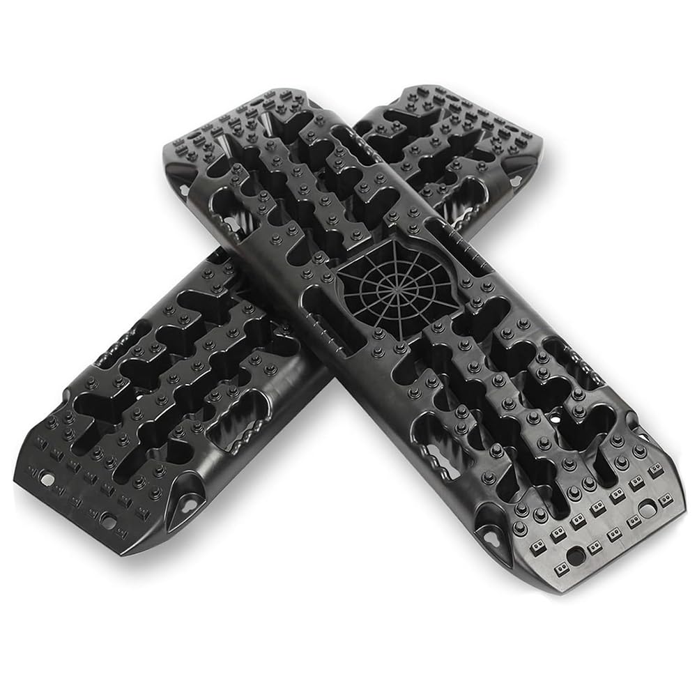 2 Stück sandbleche Offroad，anfahrhilfe wohnmobil，Reifenleiter für Sand/Schlamm/Schnee, 10T， Traktionsmatte für Geländewagen PKW LKW (Schwarz, 107 x 31 x 7 cm)