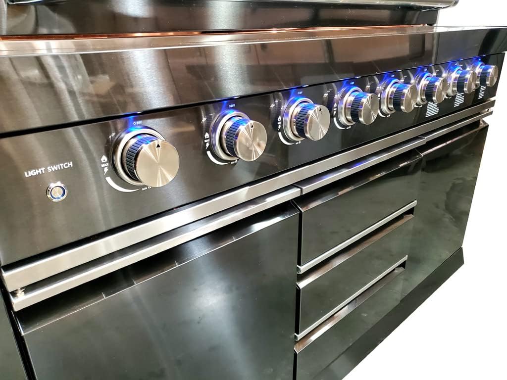 Black Stainless Steel 6 Burner 2 Modular Piece Marble Top BBQ Outdoor Electric Propane Grill Kitchen with Refrigerator, Sink, Side Burner, LED Lights on Knobs, & Protective Cover