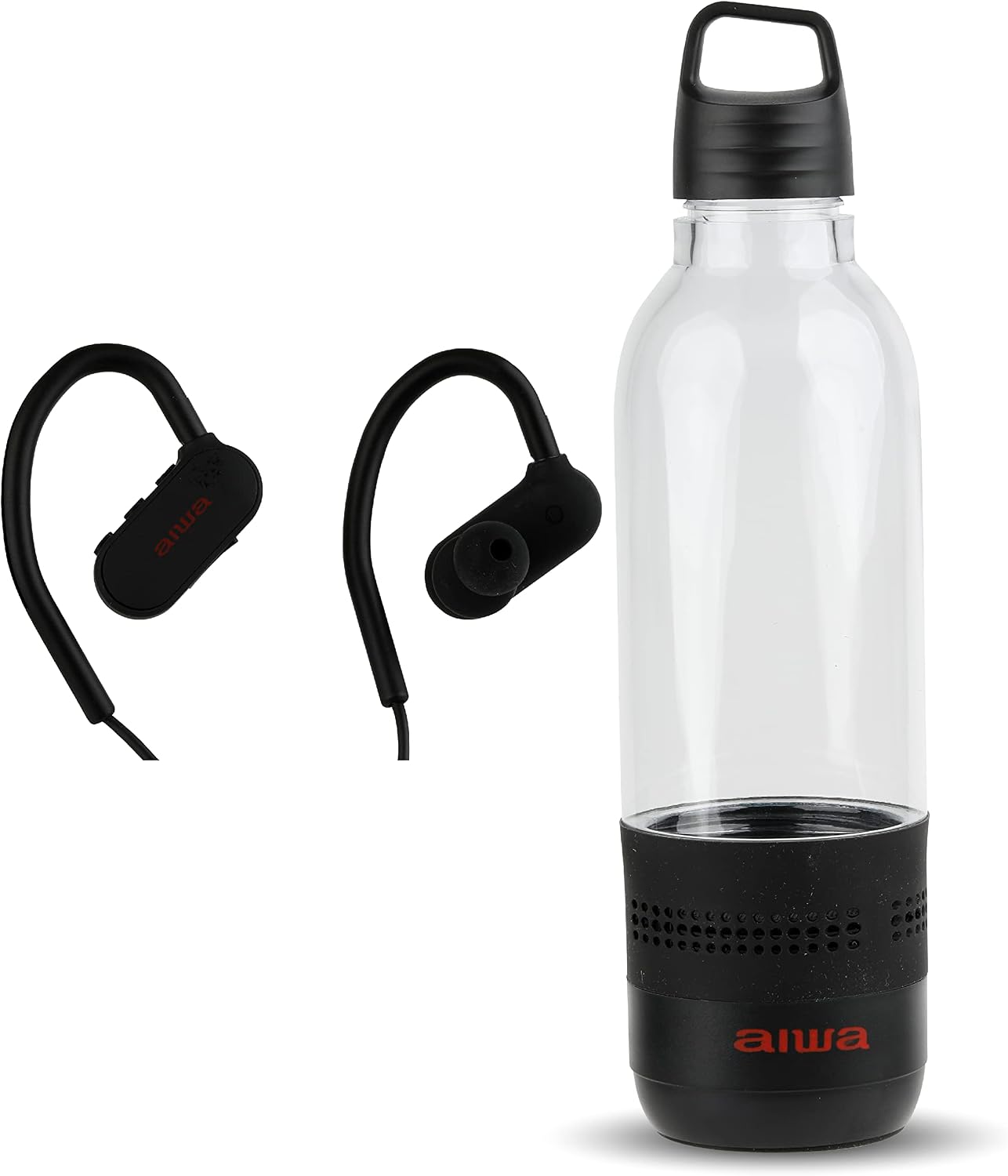 AIWA Water Bottle with Speaker and Earphone Bundle - 400ml Water Bottle with 4 Hour Playtime and Wireless Sports Earphones with Integrated Mic, 10 Hours Playtime for Workout, Camping and Hiking,Black