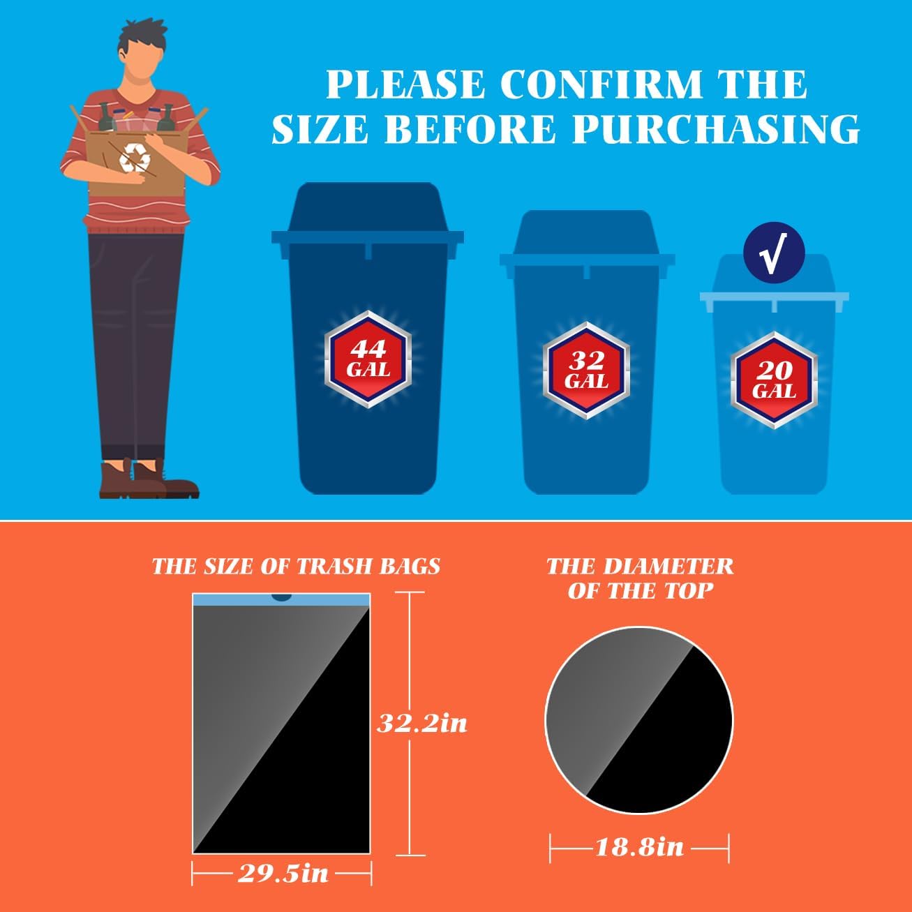20 Gallon Large Drawstring Trash Bags 120 Counts, Fit 20-21 Gal Trash Can, Heavy Duty Tall Kitchen Garbage Liners, Large Trash Bags Size Chart for Home/Office, Outdoor Lawn & Leaf Bags, Black