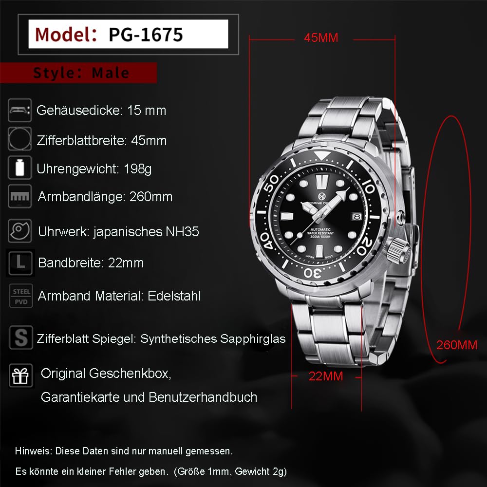 PAGRNE DESIGN Herrenuhren Automatische Armbanduhr Kratzfestes Synthetisches Saphirglas mit Datumsanzeige Gummi-Umweltschutzarmband