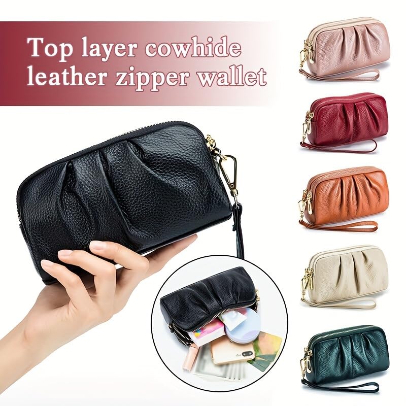 Wallet Women, Genuine Leather Women’s Long Wallet with Double Zipper,Multi-Functional Pleated Organizer for Keys, Lipsticks, Coins & Cell Phone, Classic Style Handbag with Wrist Strap (Brown)4