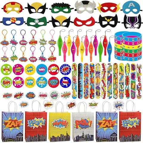 134 Packs Superhero Party Favors Birthday Party Supplies with Superhero Mask,Gift Bags,Punch Balloons,Slap Bracelets,Superhero Stickers,Keychain,Pins Goodie Bag Stuffer Boy Girl Toy Carnival Prize Cover