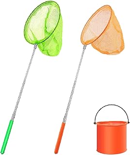 2 Packs Kids Fishing Net,Telescopic Butterfly Net,Pond Net Extendable (35 to 86 cm) with 1 Pack Folding Bucketfor Kids Catching Bugs Insect Small Fish Outdoor Beach Garden Activities