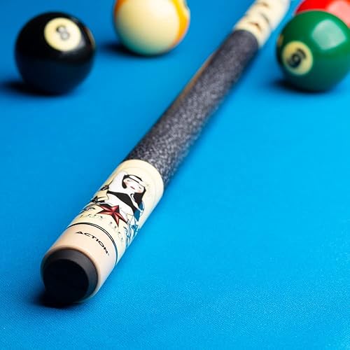Miniatura 6 de Action Taco de billar, diseño de señora de la suerte, tacos de piscina de aventura, arce duro teñido de blanco con superposiciones de chica pin-up,