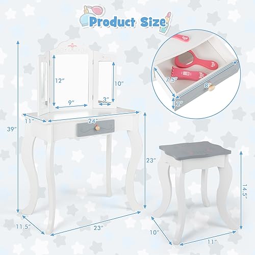 Miniatura 17 de INFANS Tocador para niños con espejo giratorio de 360° y tablero de dibujo, tocador de maquillaje de princesa 2 en 1 y taburete con accesorios,