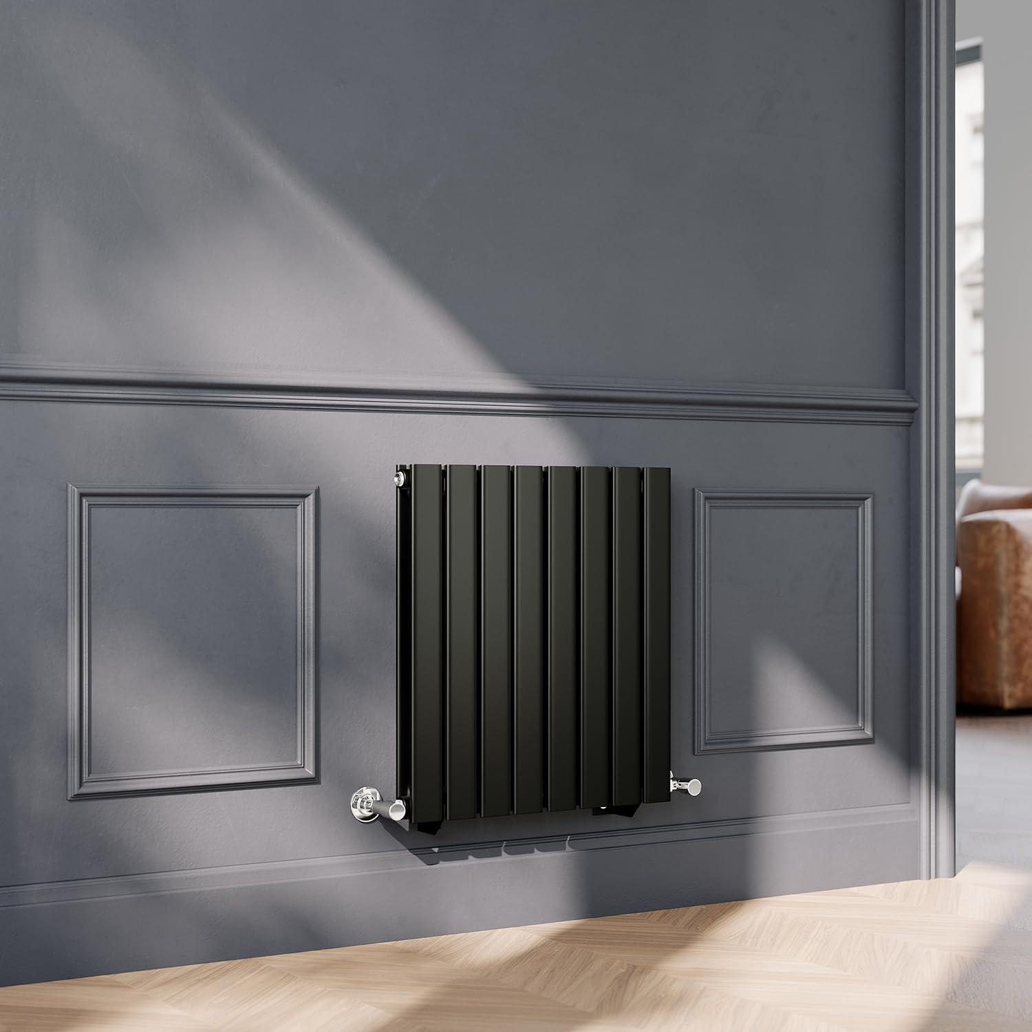 ELEGANT 600 x 544mm Black Horizontal Designer Radiator Flat Panel Double Panel Modern Central Heating Rad