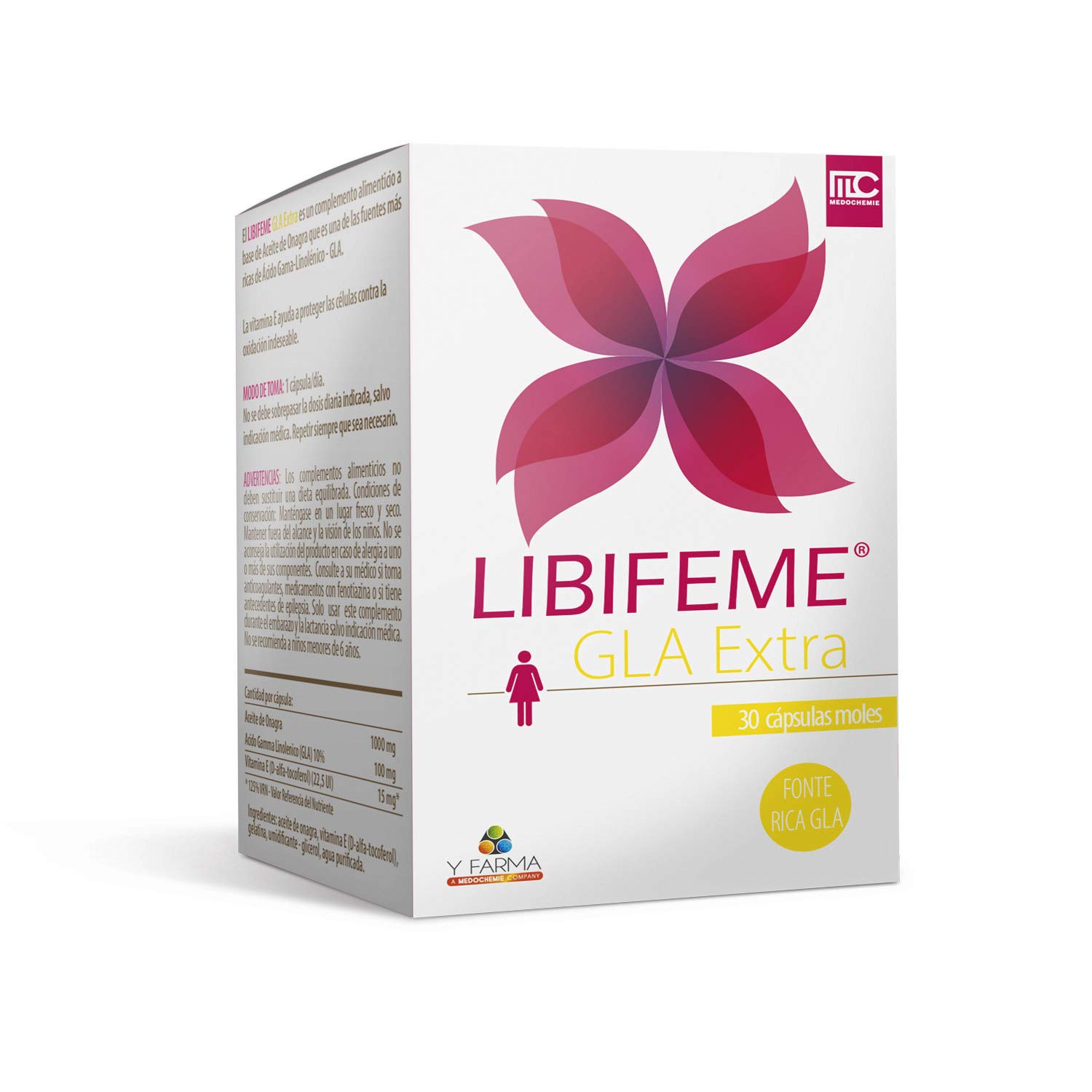 Libifeme Gla Extra - Reduce los Sintomas del Sindrome Premenstrual - Calambres Abdominales Dolor de Cabeza Tensión en Senos Ansiedad e Irritabilidad - Aceite de y Vitamina E, Onagra, 30 Pastillas