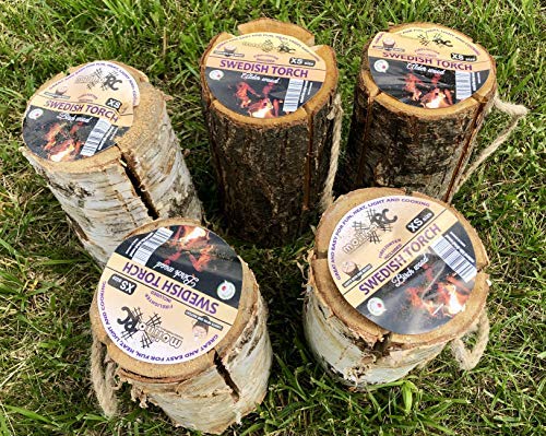 5 x Schwedenfeuer inkl. Anzünder | Finnenfeuer | Baumstammfackel | Gartenfackel | Lichtrollen | Ø 12-14cm -> Höhe 25-30cm | molinoRC ® Fackeln