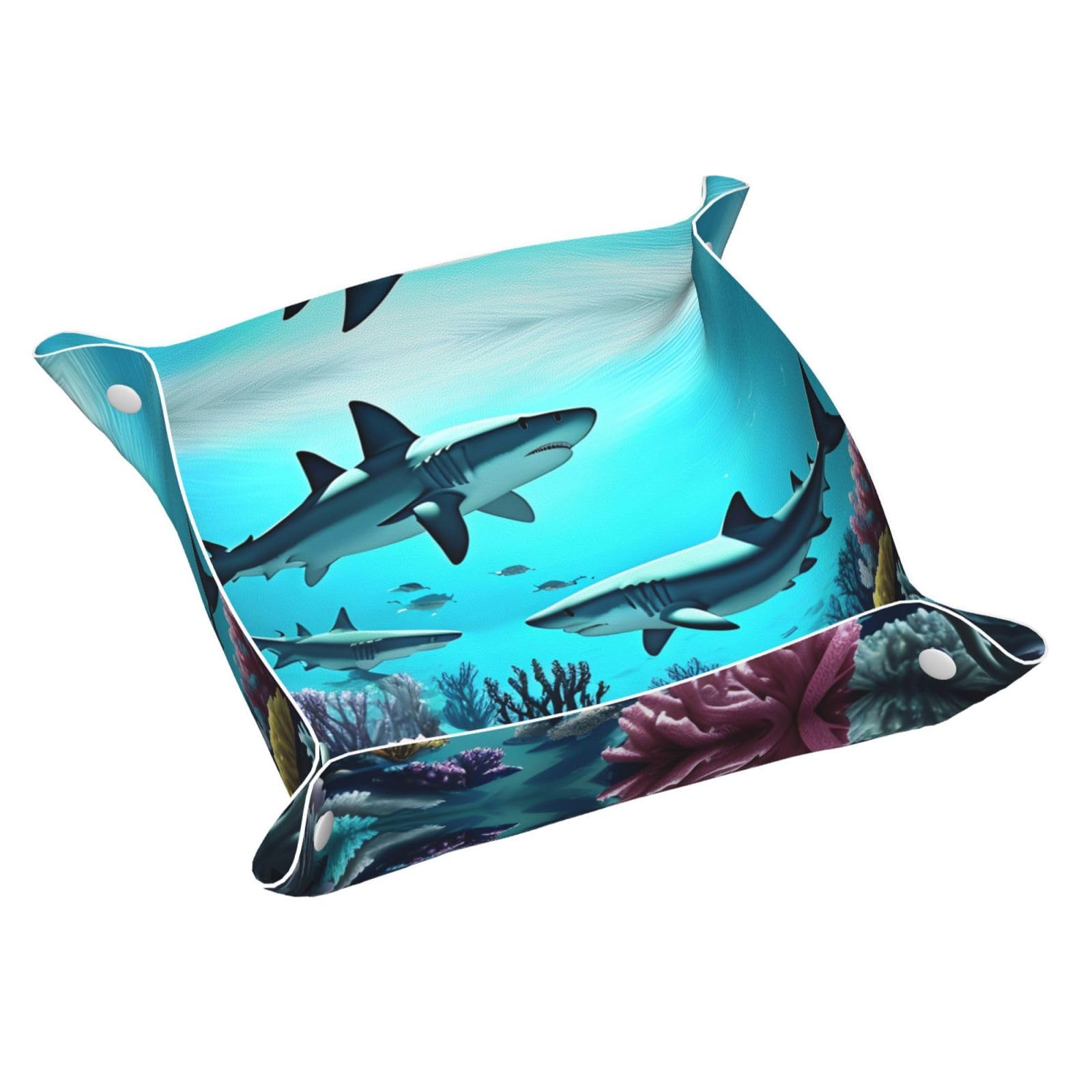 Sharks under The sea Picture Leather Storage Tray Waterproof and easy to clean for neatly keys, jewelry, makeup and other small items Medium 9.8X9.8 in