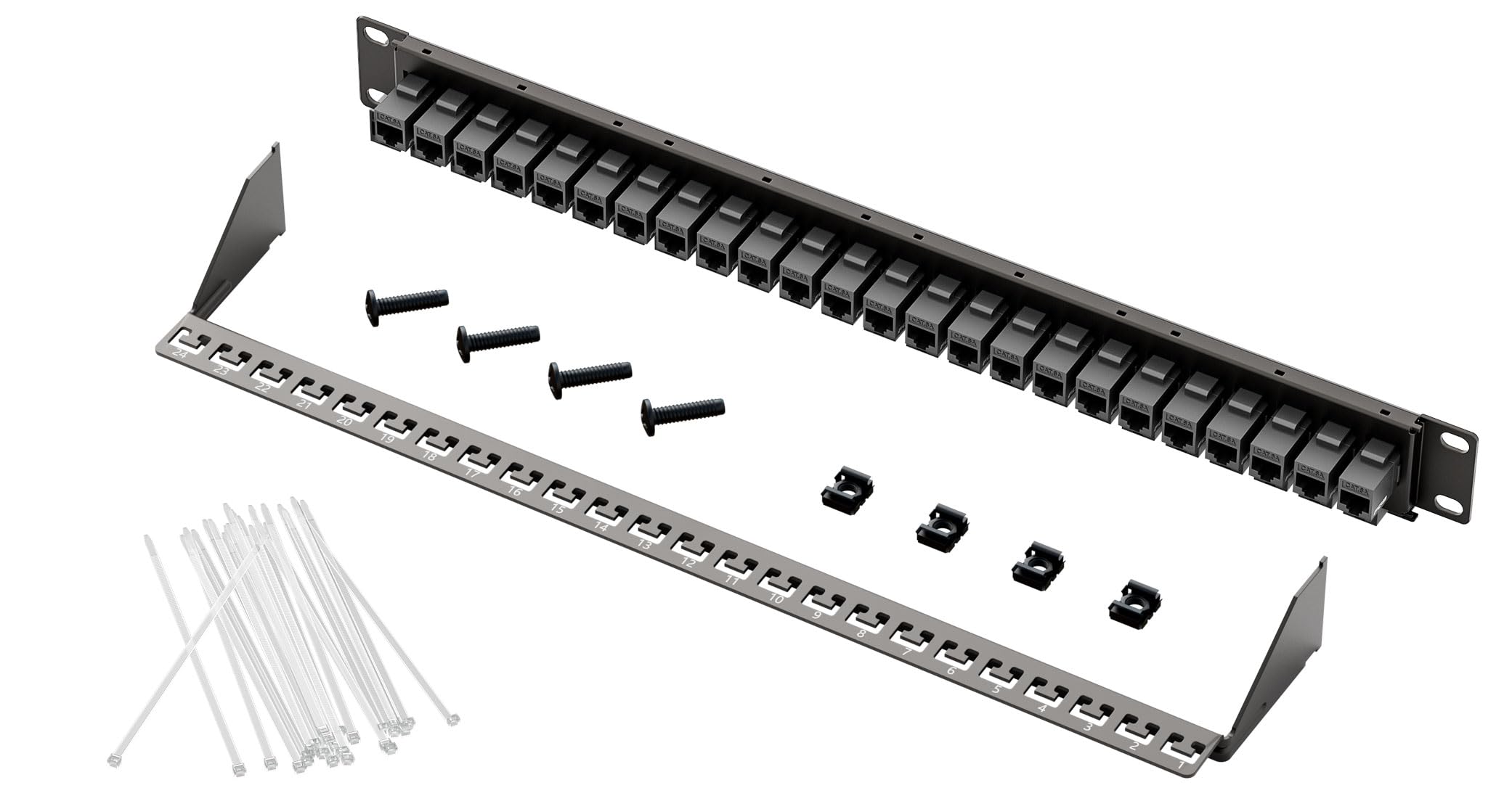 FGB Patch Panel da 10 Gbps a 24 porte, Patch Panel Cat6A 1U, montaggio a rack da 19 pollici o pannello patch Keystone per montaggio a parete con barra posteriore, pannello patch di rete per cablaggio
