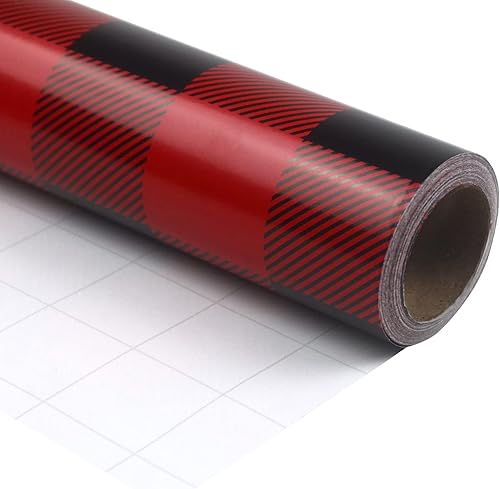 LDGOOAEL Rollo de papel de regalo de Navidad con líneas de corte en el reverso, cuadros rojos y negros para vacaciones, cumpleaños, bodas, baby