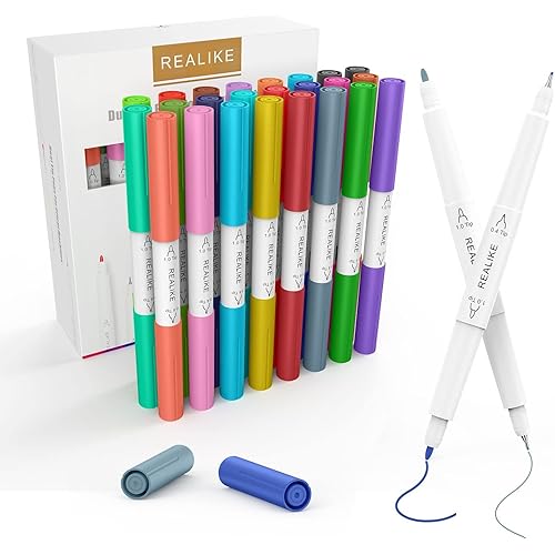 REALIKE Dual Tip Pens Compatible with Cricut Maker 3/Maker 4/Maker/Explore 3/4/Air 2/Air, Dual Tip Marker Pens Set of 24 Pack Fine Point Pen Writing Drawing Pens (0.4 Tip & 1.0 Tip)