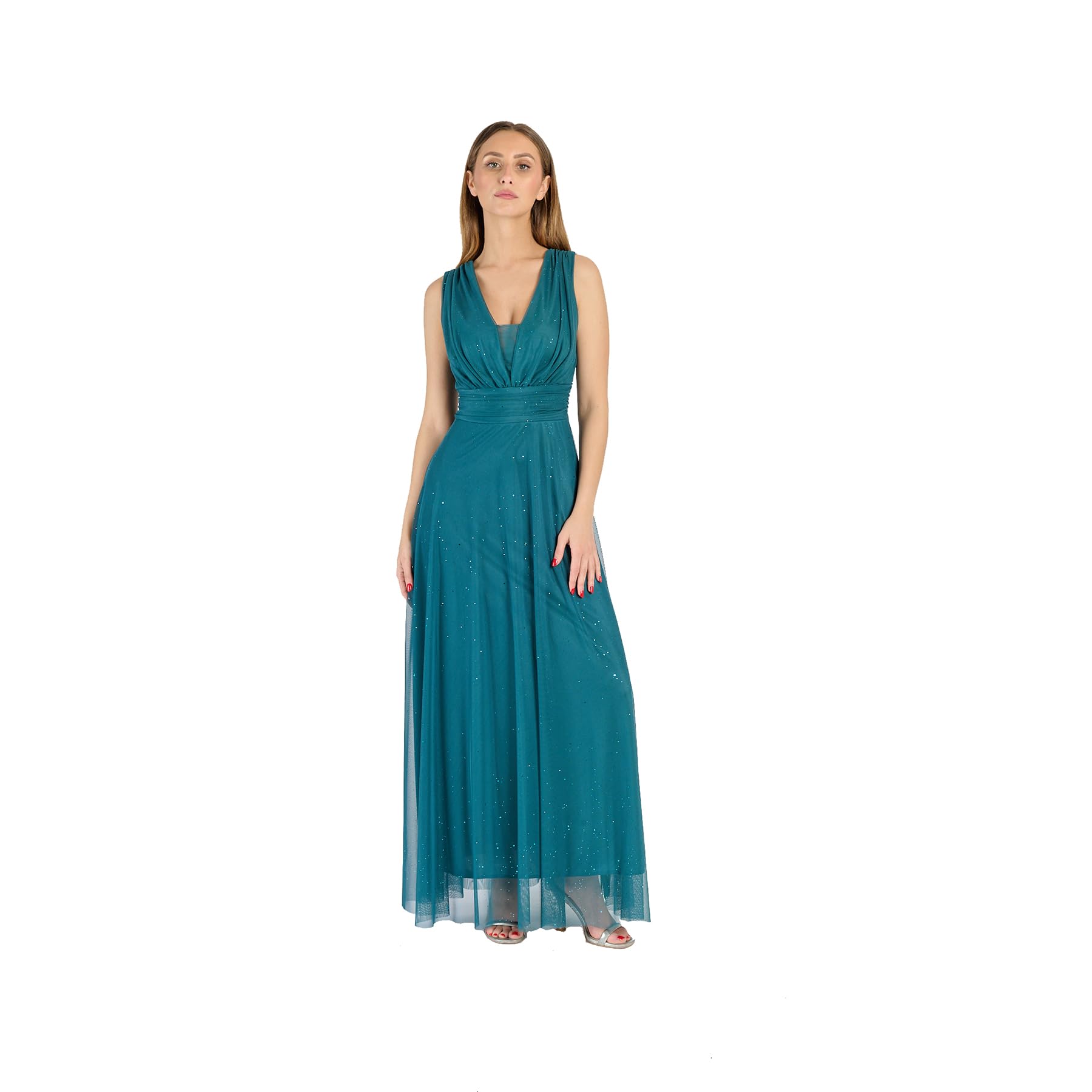 Abito Lungo Elegante Donna con Stola Coordinata, Scollo a V, – Vestito da Cerimonia Made in Italy