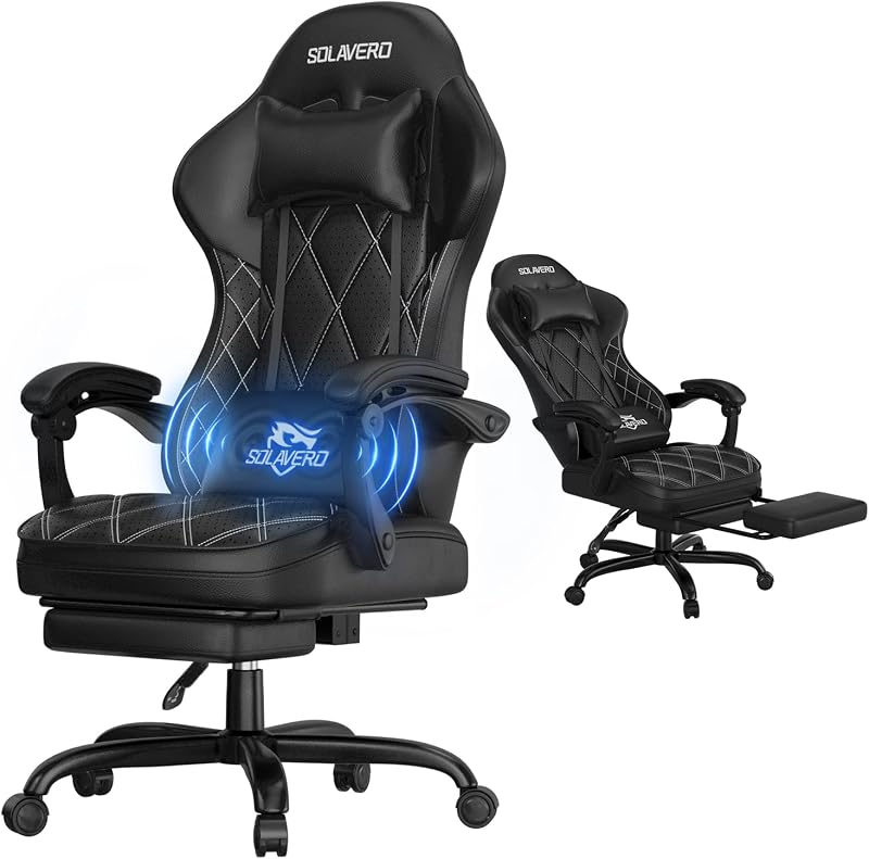 SOLAVERO Gaming Chair with Massager Lumbar Support, 400LBS Weight Capacity | Computer Chair with Footrest & Linkage Armrests, Ergonomic Design Leather, Wide Seat 90°-135° Reclining for Office/Gaming