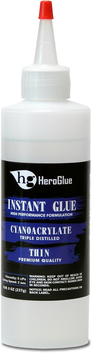 Hero Glue Premium Instant CA Glue, Super Strong, Clear, Craft Projects, Wood, Metal, Leather, Plastic, Rubber, 3D Printing and more (8 OZ THIN+ VISCOSITY)
