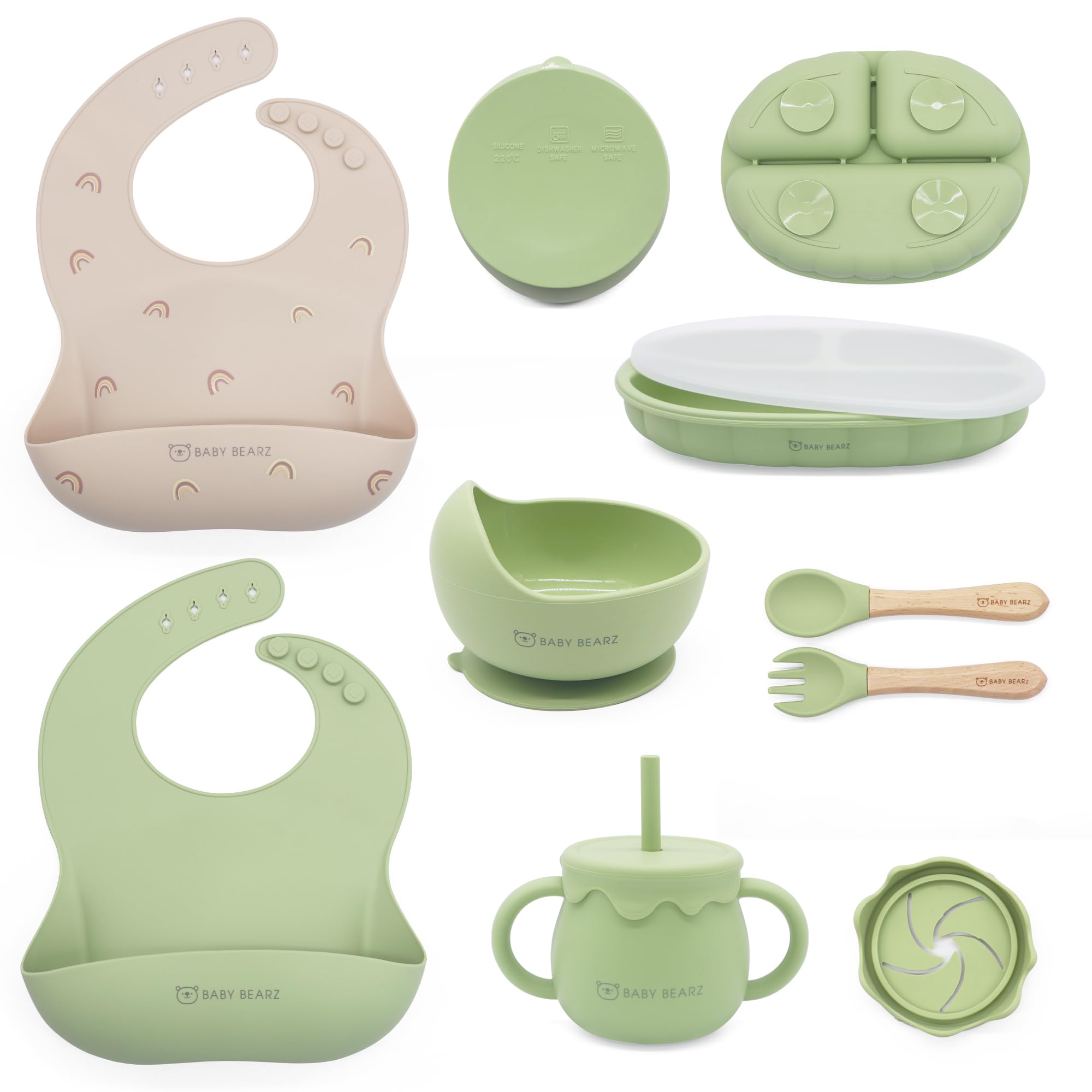 Silicone Baby Feeding Set 6+Months Baby Led Weaning Utensils with Adjustable Baby Bibs, Suction Bowl, Suction Plate, Baby Spoon and Fork, Snack Cup with Straw and Lid (Olive Green)