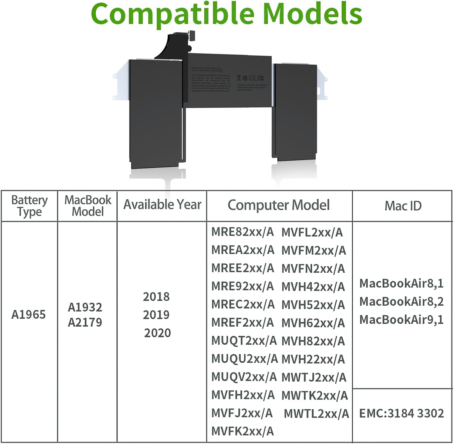 BND Batteria di ricambio per computer portatile A1932 A2179 per MacBook Air 13" Retina A1932(2018-2019) A2179 (inizio 2020) EMC 3184 3302 A1965 batteria 49.9Wh 11.4V