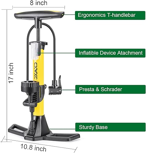 Miniatura 6 de Bomba de bicicleta con manómetro - Bomba de piso de bicicleta de 160 PSI se adapta a válvulas Presta y Schrader - Bomba de bicicleta con inflador de