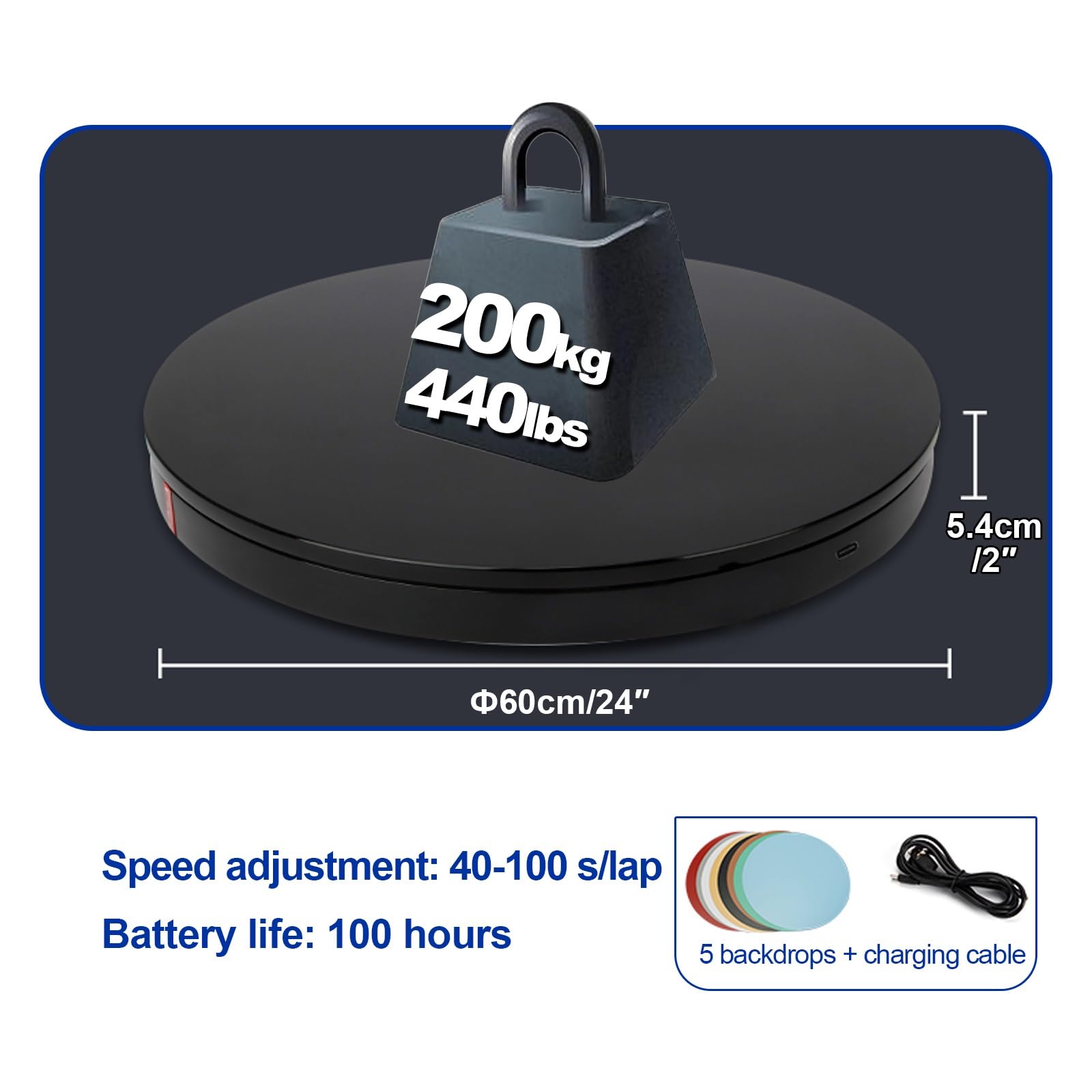 Drehbarer Sockel, elektrische Plattform, um 360 Grad drehbar, für Produktausstellung, Live-Shows, 5 bunte Hintergründe (Schwarz, 60 cm