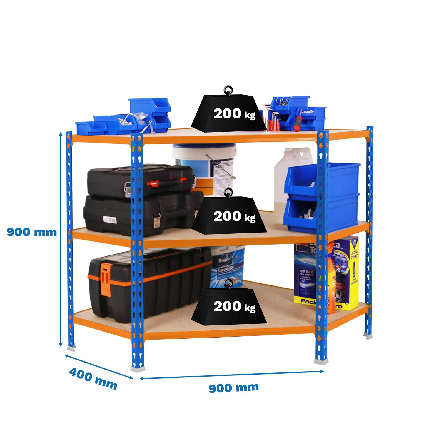 Simon Rack Estantería Metálica Almacenaje, Sin tornillos, 3 Baldas Madera, Alta Capacidad Carga 200 kg, 900x900x400 mm, Estantería Garaje Trastero, Azul/Naranja/Madera | 3 Alturas, Bandeja Madera, 200 kg de Punto Flexión, Azul/Naranja , Pintura anticorros