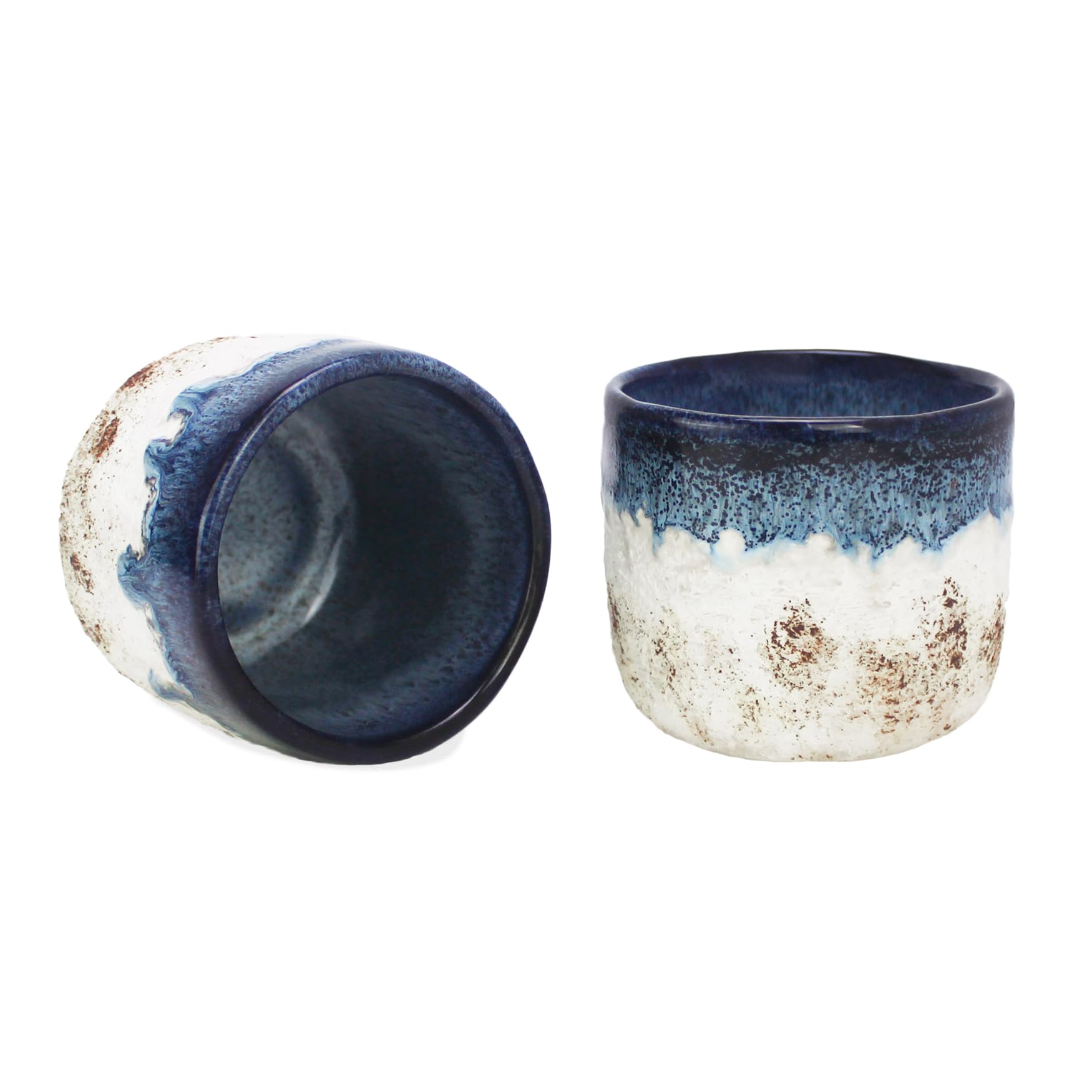 roro Handmade Ceramic Tea Cups Rustic Reactive Blue Glaze, Coastal Beach-Themed Sipper Set of 2, 200ml (6.5oz), Textured Grip, Microwave & Dishwasher Safe