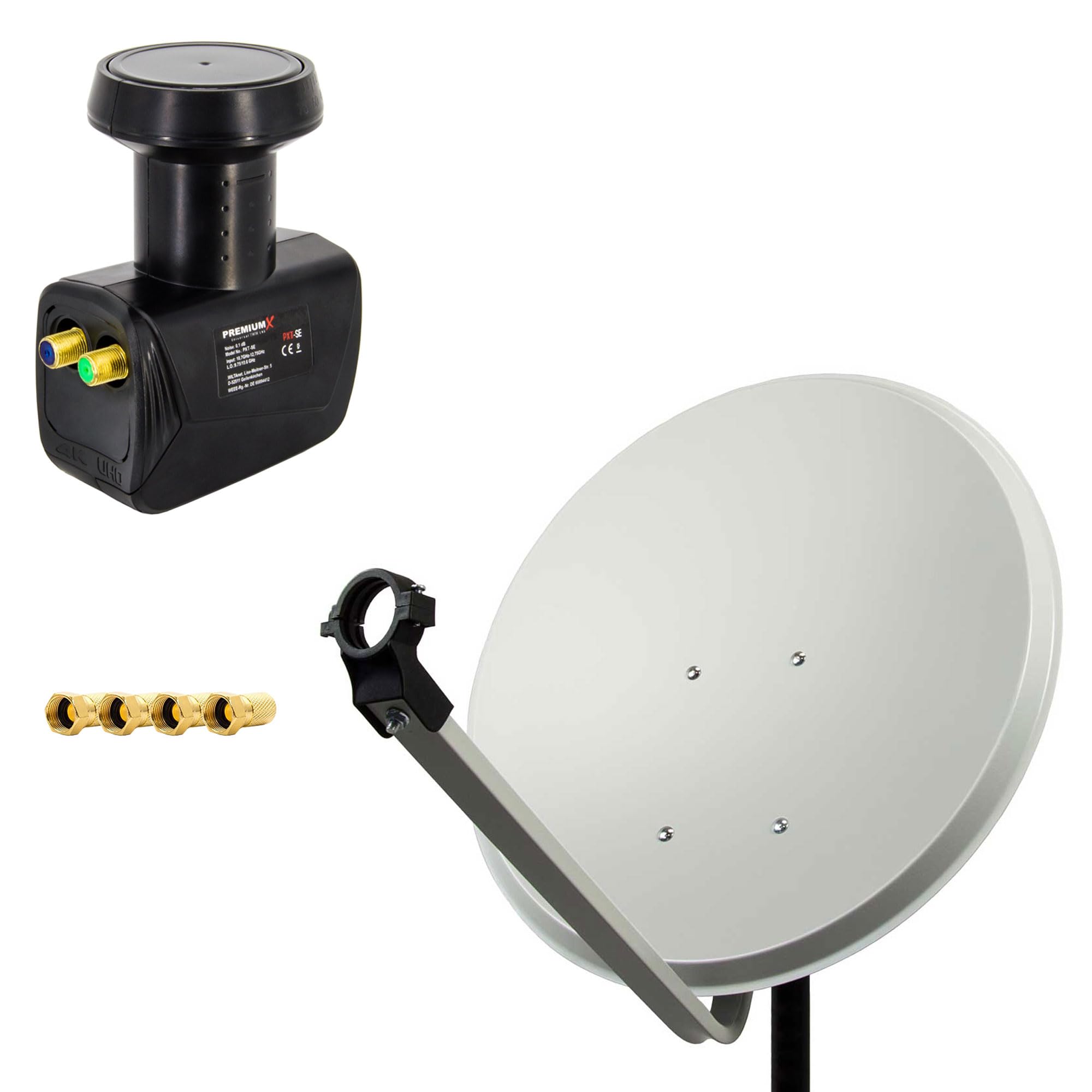 PremiumX Satelliten-Komplettanlage 60cm Satellitenschüssel ALU Hellgrau Satellitenantenne SAT Twin LNB 4X F-Stecker 2 Teilnehmer