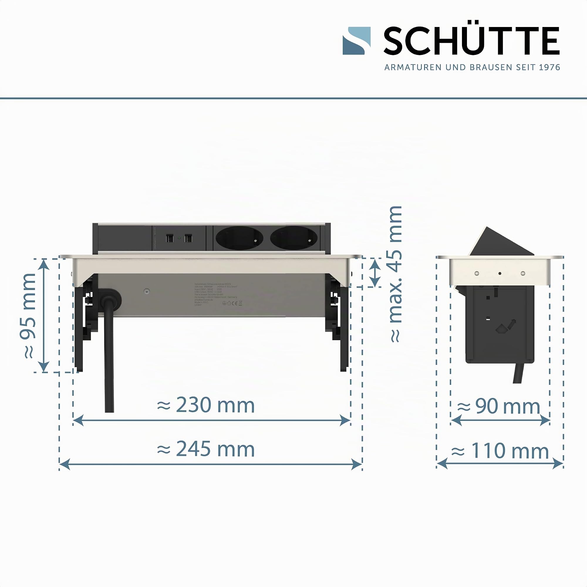 SCHÜTTE, presa multipla richiudibile per piano di lavoro (2 porte USB e 2 prese da 230 V), presa a incasso per cucine da attrezzare, presa da tavolo, in acciaio inox