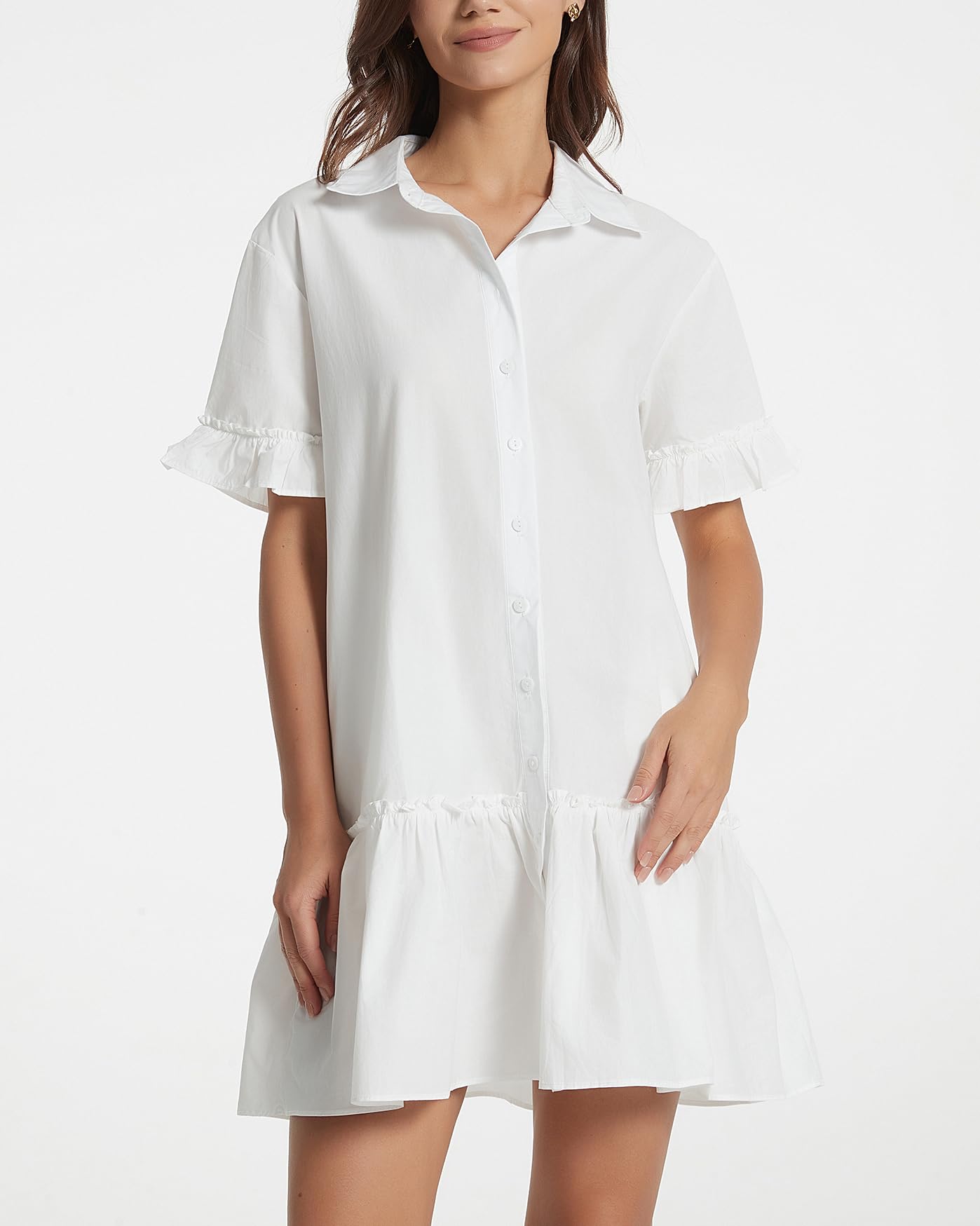 YEXPINE Vestido Camisero Corto con Volantes para Mujer, Vestido de Manga Corta con Botones, Vestido de algodón con Cintura caída, Blanco, Large