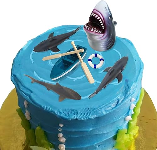 Juego de decoraciones para tartas de tiburones de playa con cuatro tiburones, boya salvavidas para fiesta de cumpleaños temática de tiburones