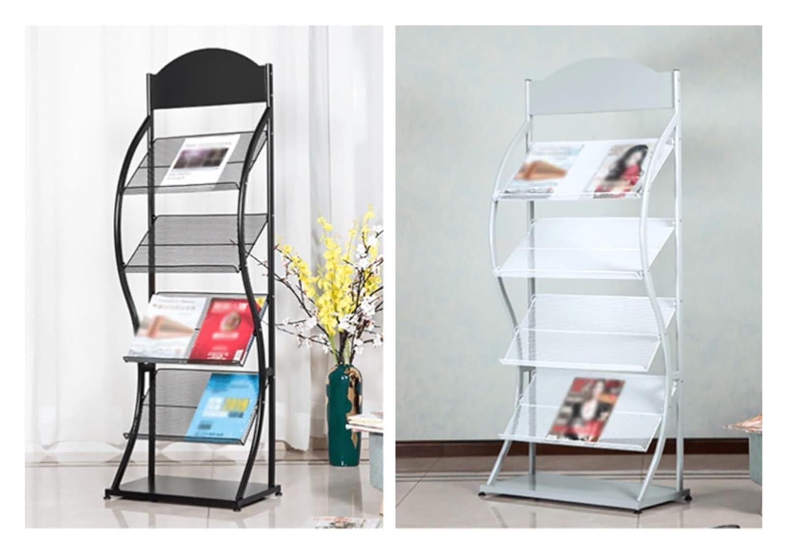 Zeitschriftenregal, bodenstehender Zeitschriftenständer, Zeitschriftenhalter aus Metall, Bücherregal, Literaturaufbewahrungsorganisator, Präsentationsständer for das Wartezimmer im Home Office(Black,7