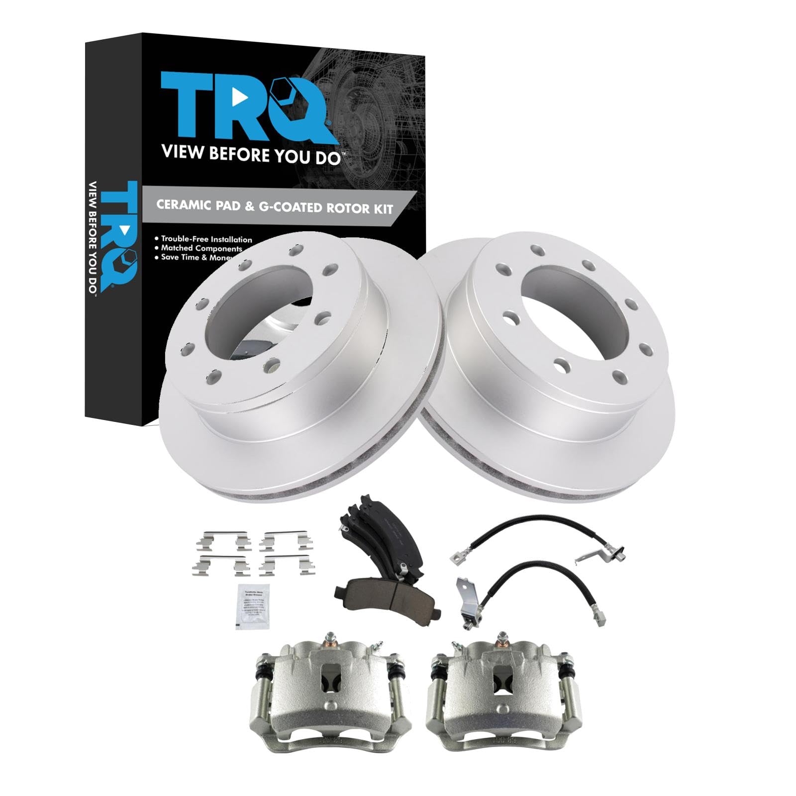 TRQ Rear Brake Pad &amp; Rotor Kit Ceramic Premium G-Coated Compatible with 2003-2013 Chevrolet Express 3500 2003-2012 GMC Savana 3500