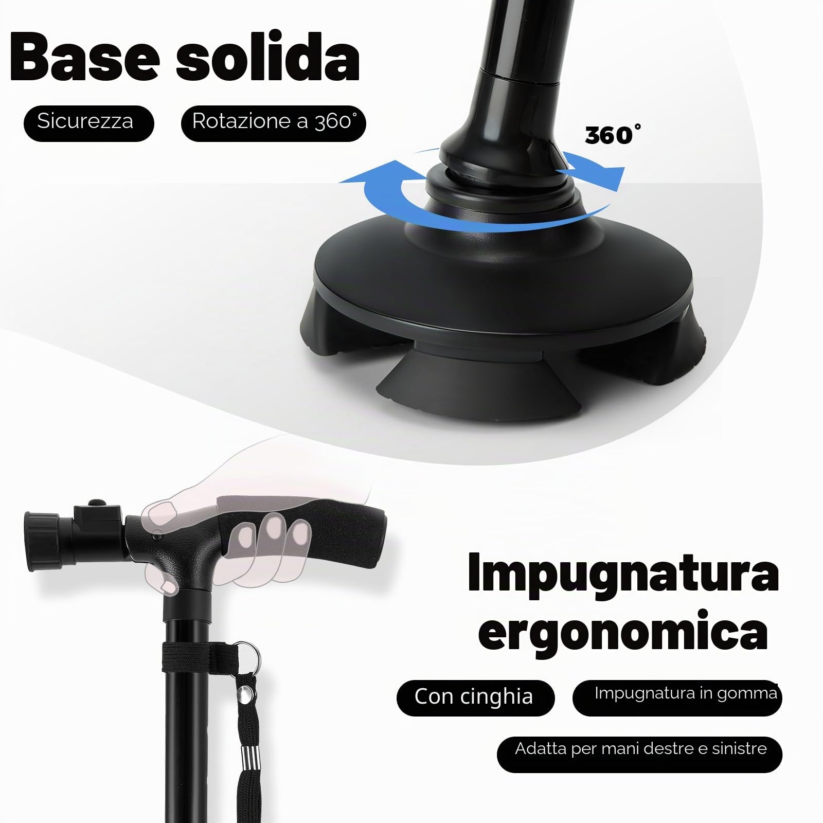 Bastone pieghevole con luce a LED, Ohuhu Bastone Passeggio Pieghevole Regolabile in Altezza per il Trasporto, con cuscino a T e base girevole, con borsa di stoccaggio
