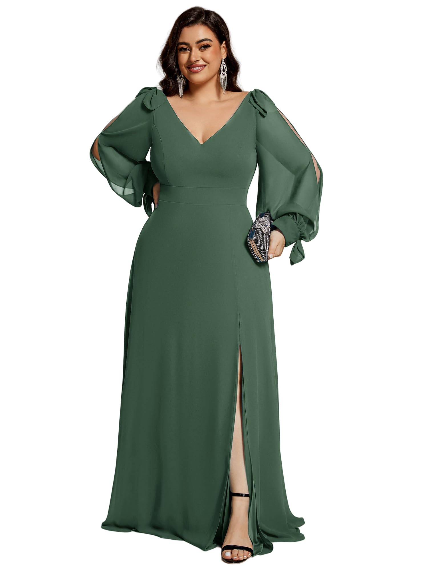 Ever-Pretty Abito formale da donna con scollo a V, elegante, in chiffon, a maniche lunghe, taglie forti, 80116-DA, Eucalipto, 56