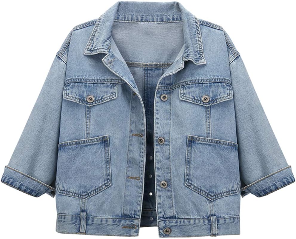 Hixiaohe Women Autumn 3/4 Sleeve Retro Short Denim Jackets Light Blue Jean Coats Medium Dark Blue