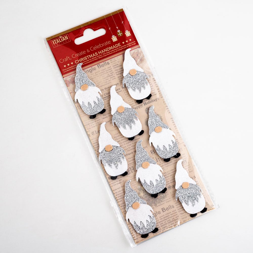Italian Options 5cm Glitter Nordic Santa Christmas Craft Decorations Self Adhesive - (8 pcs) - Silver/White