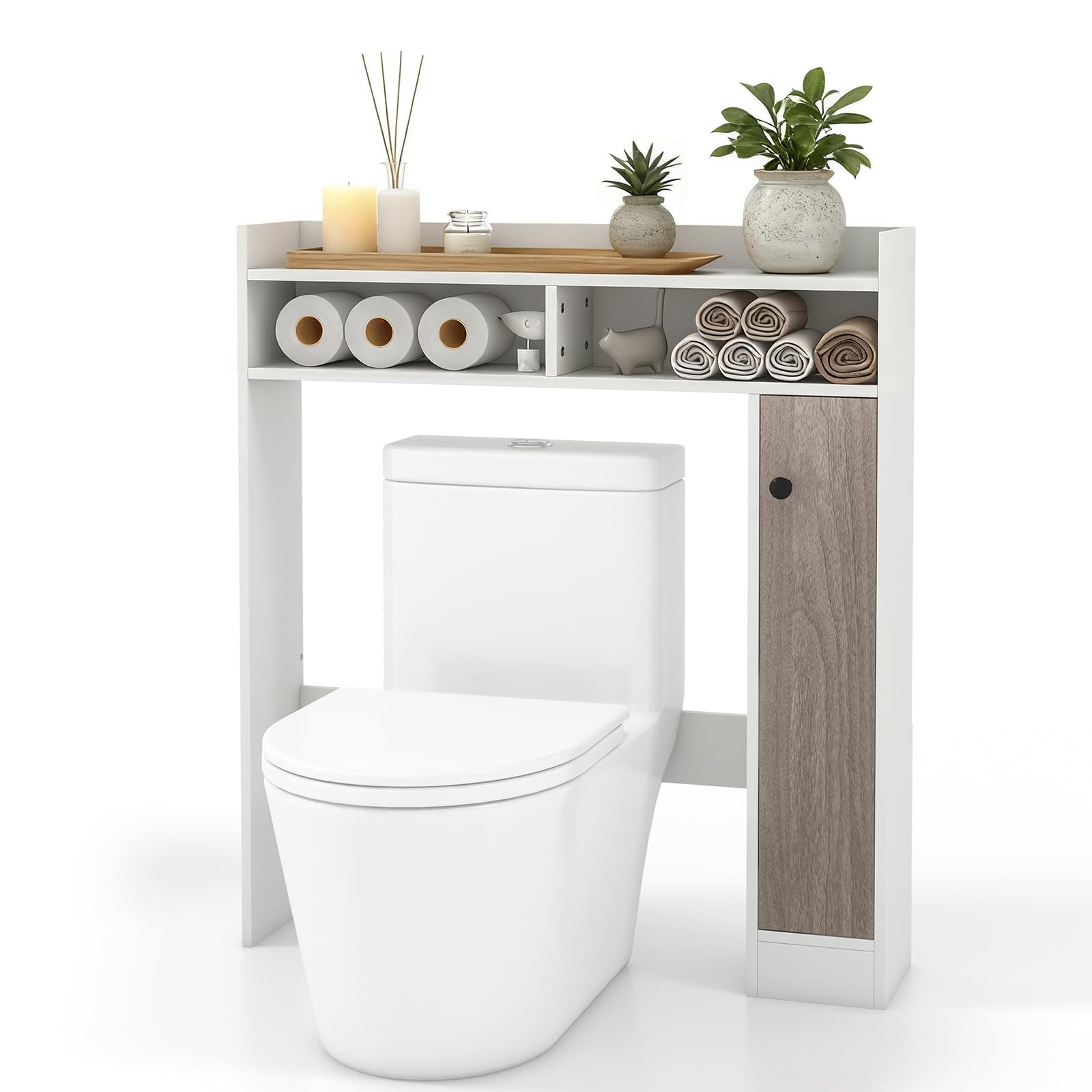 COSTWAY Over The Toilet Storage Cabinet, Freestanding Bathroom Organizer with Single Door Cabinet, Open Shelves, Space Saver Toilet Rack with Adjustable Shelves for Small Space (White)