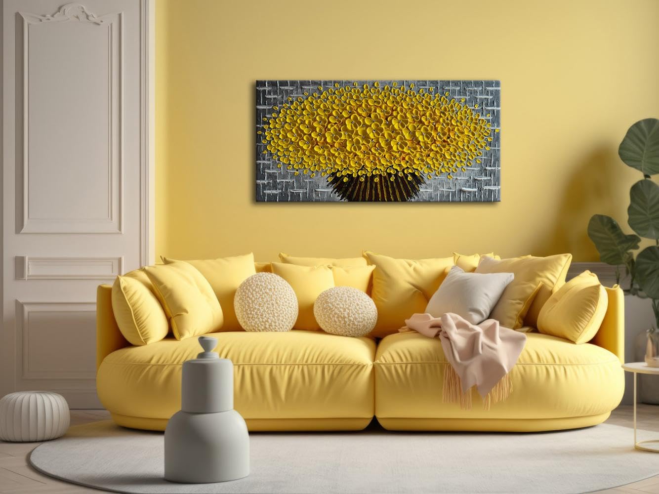 Alenoss Hand Painted Blooming Yellow Flowers Thick Acrylic Palette Knife Oil Painting Grey Textured Wall Art Living Room Decor Canvas Wall Art