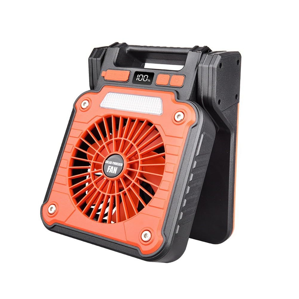 Ventilateur solaire rechargeable de tente portable avec lumière LED et batterie externe, ventilateur de bureau USB réglable à 90° pour randonnée en plein air