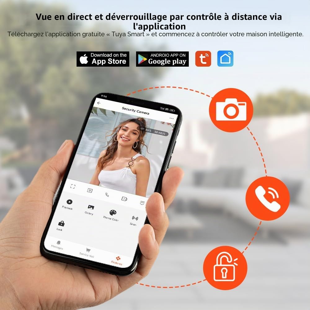 WiFi Tuya Système d'interphone vidéo de porte intelligent pour la maison, Caméra de sonnette vidéo HD 1080P avec moniteur, Écran couleur LCD IPS de 17,8 cm (7 pouces), Audio bidirectionnel