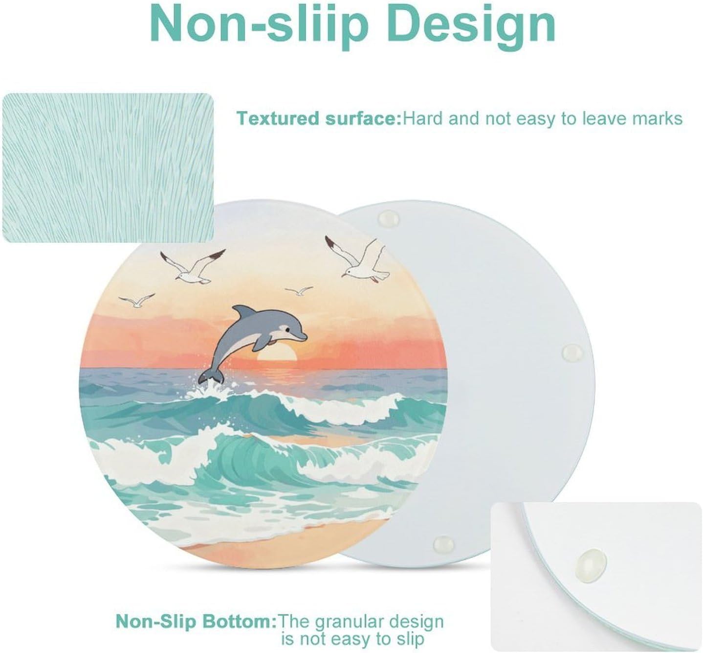 Ocean Waves Sunrise Cutting Board Portable Small Chopping Boards Tempered Glass Kitchen Counter Protector Non-Slip Round Charcuterie Boards Mat for Bar Cheese Board