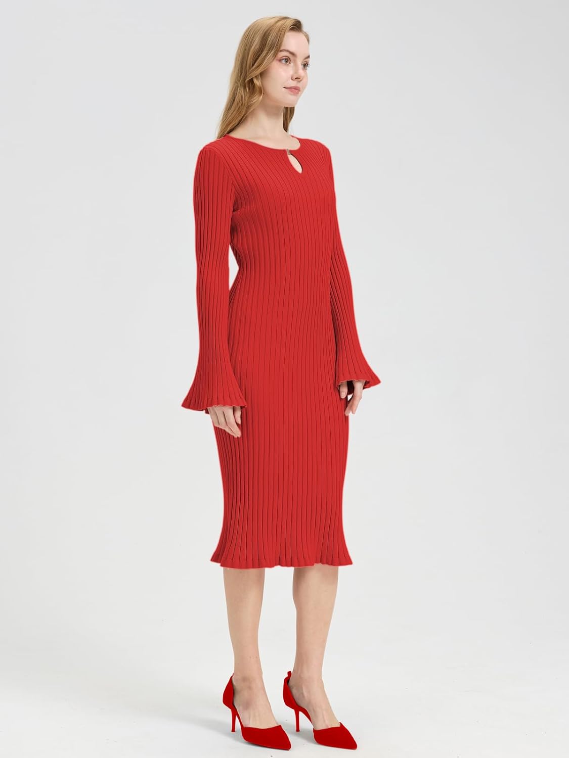 Womens Long Sleeve Midi Dress Ruffle Fitted Casual Work Dress Spring Fall Knit Sweater Dresses for Women - Image 9