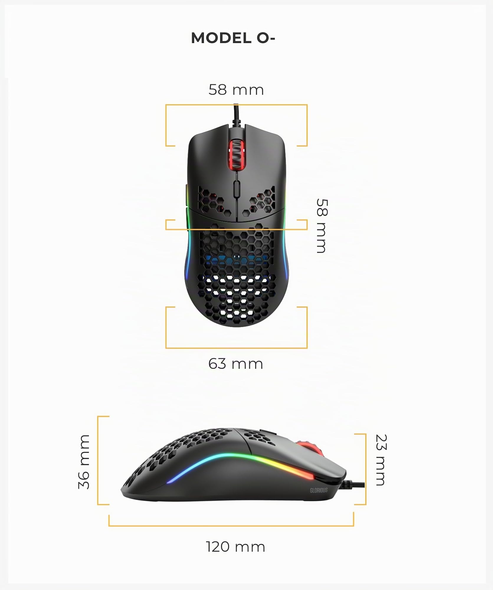 GLORIOUS Model O- Ratón Gaming Superligero Pequeño con Cable (Negro) | Sensor óptico preciso, deslizadores PTFE, seis botones programables, tecnología avanzada de clics, cuerpo colmena resistente