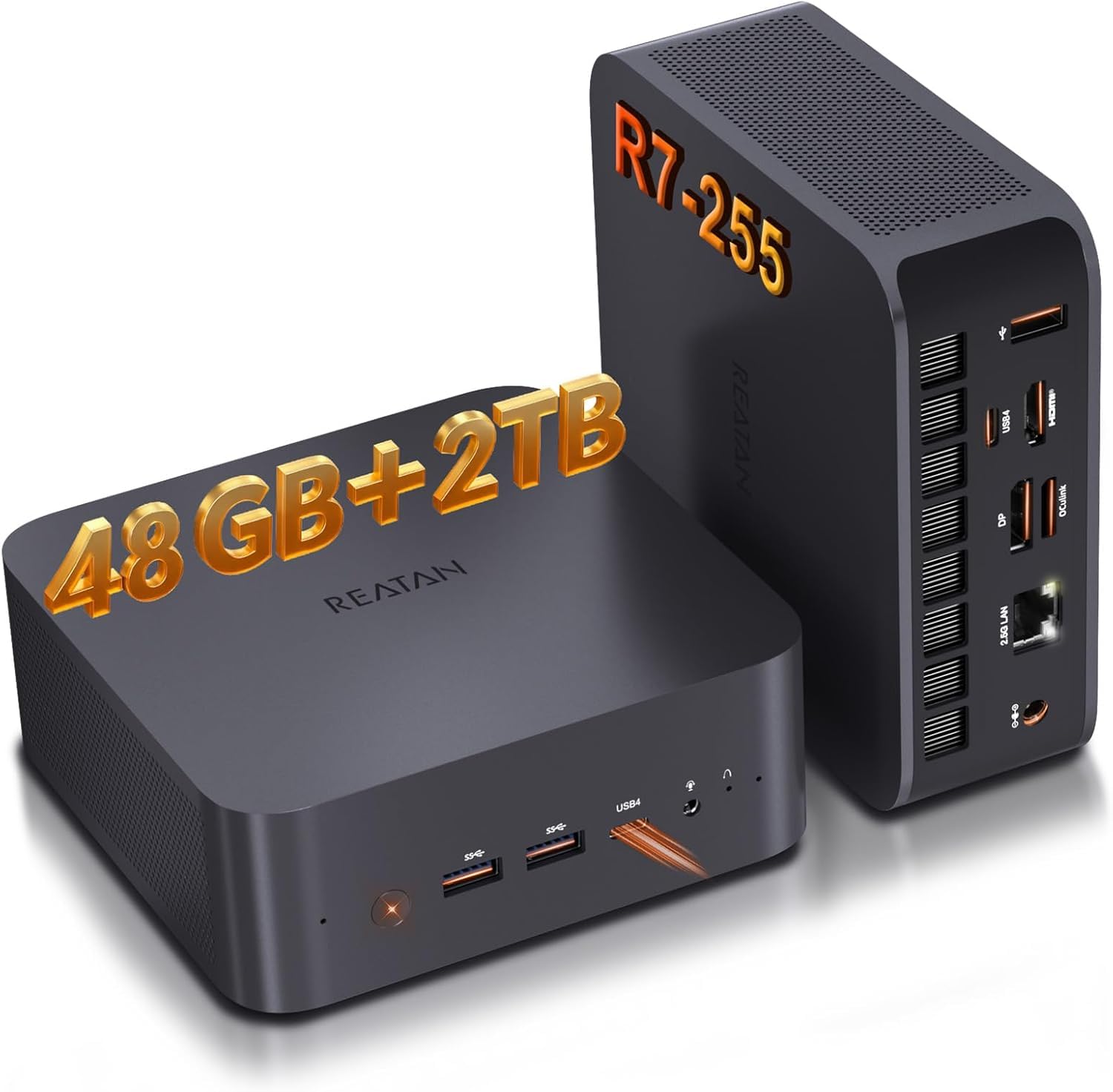 Reatan X7 Mini PC, AMD Ryzen 7 255 (Supera al 8745HS),48GB DDR5,2TB SSD M.2 2230 PCIe 4.0,(8C/16T, hasta 4,9 GHz), OCuLink, Pantalla cuádruple,Doble USB4,WiFi 7,BT5.4,Mini Ordenador