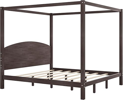 Miniatura 3 de SOFTSEA Cama con dosel tamaño King, cama con dosel con 4 carteles, marco de cama de madera maciza con patas, cama de plataforma con cabecera para