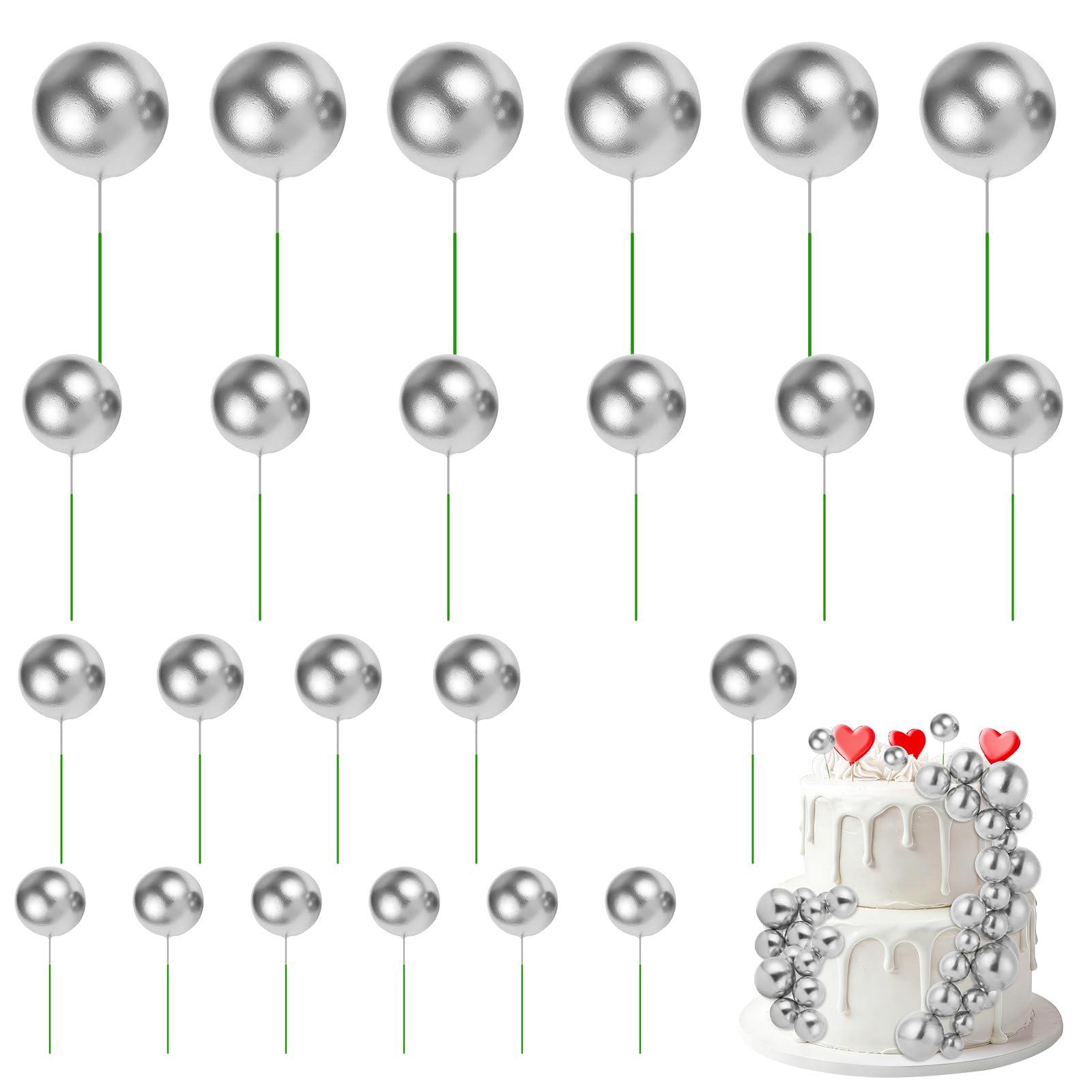 URAQT 24 Pcs Ball Cake Topper Decorations, Foam Balls Cakes Picks, Pearl Round Shaped Cupcake Insert, Mini Balloons Cake Topper Sticks for Wedding, Birthday, Baby Shower, Silver