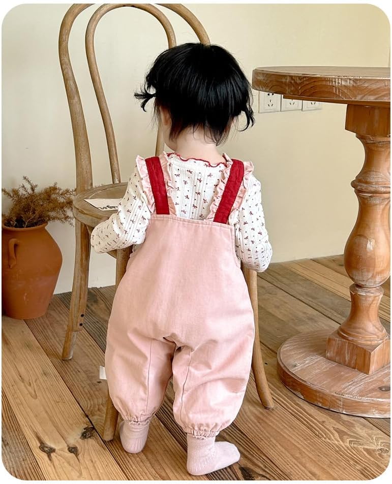 Irsutey Baby Girls Bunny Print Overalls 2-Piece Set, Ruffle Trim Long Sleeve Top & Cute Jumpsuit, Infant Casual Clothing