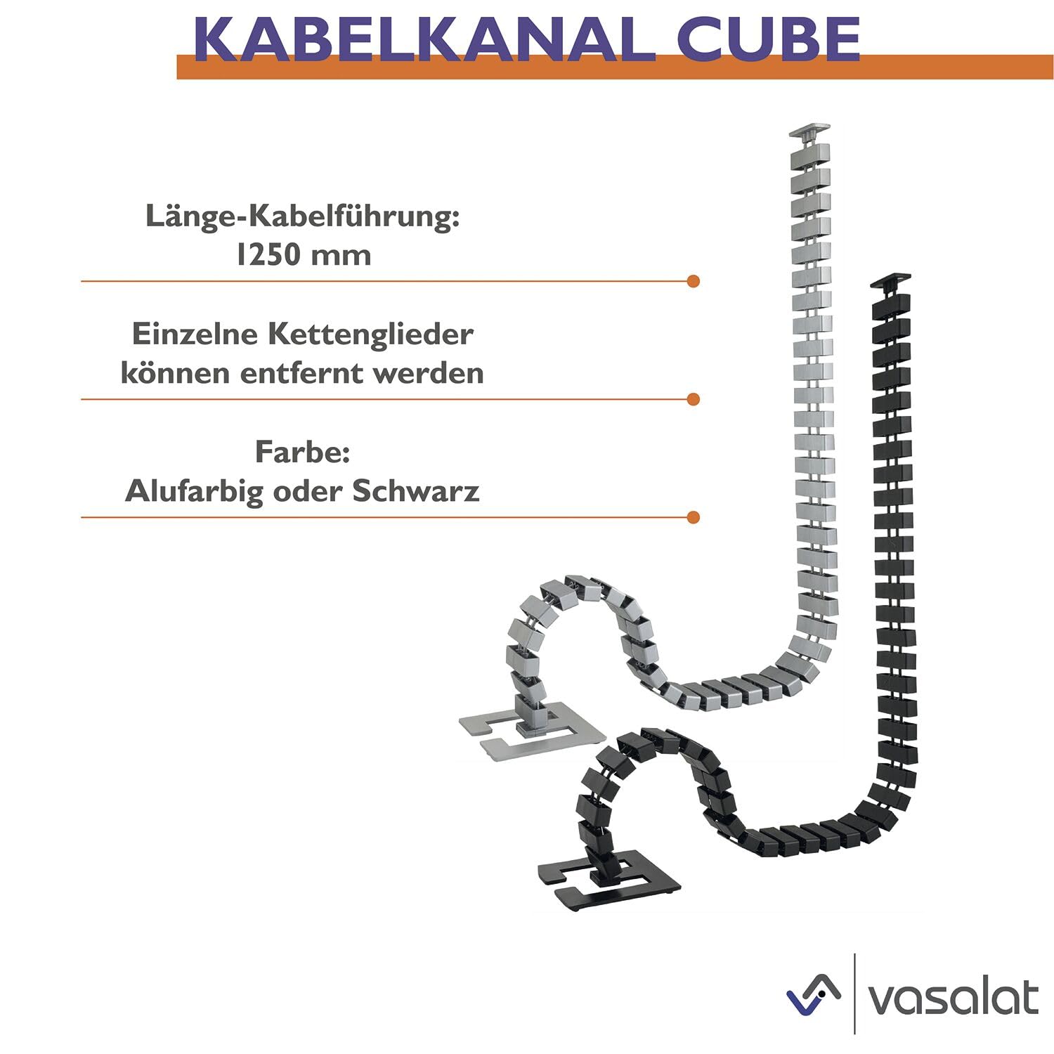 vasalat Set completo di passacavi da scrivania, con passacavi, 90 x 90 mm, canalina magnetica per cavi, clip di fissaggio e magneti, lunghezza 1250 mm, colore nero