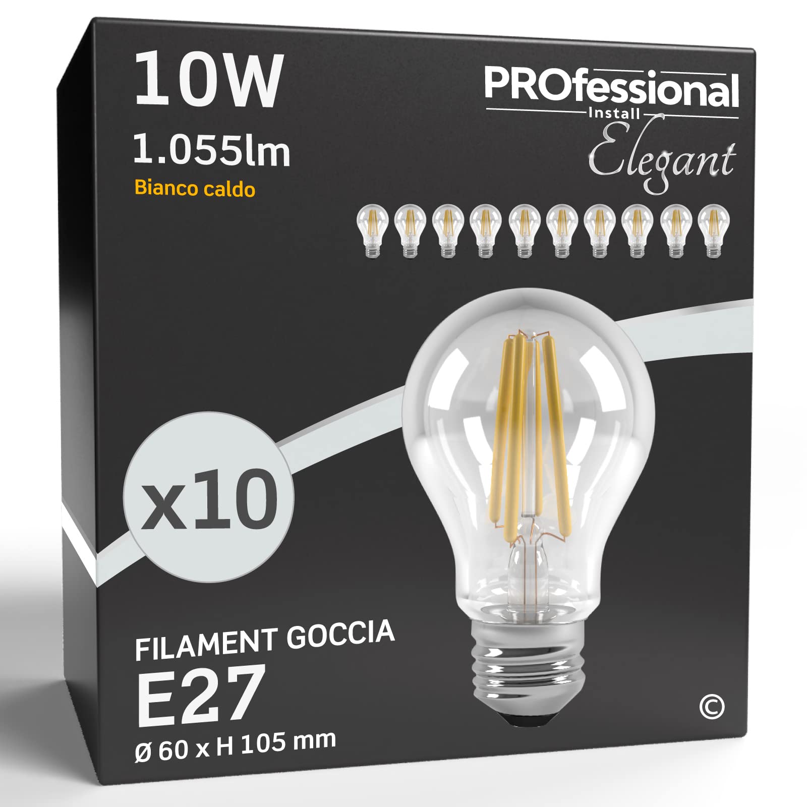 10 x Lampadine LED a Filamento E27 10W Trasparante (1055 lumen equivalenti a 75W) - Forma: Goccia A60 - Luce Bianco Caldo 3000K - Fascio Luminoso 300°