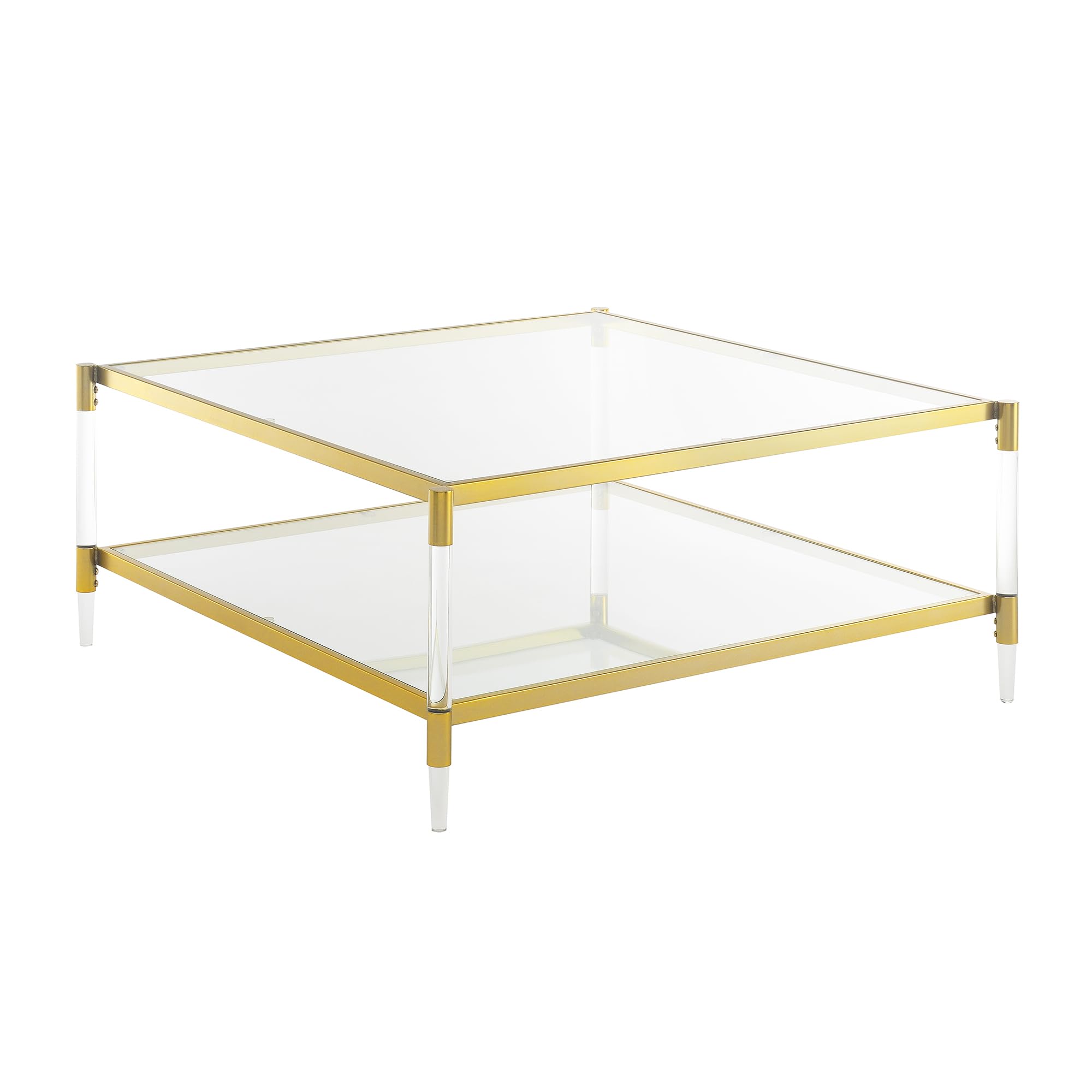 Convenience Concepts Royal Crest Acrylic Glass Square Coffee Table 34" - Modern 2-Tier Tempered Glass Living Room Table with Storage Shelf, Gold Chrome Frame Table with Acrylic Legs, Gold